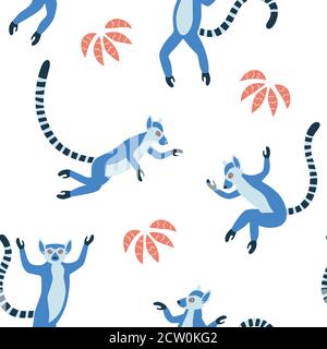 Exotic Madagascan lemurs with long striped tails. Hand drawn vector seamless pattern Stock Vector