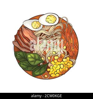 Coloring cartoon illustration of  ramen in different angles. Noodles. Vector element for the menu, card and your creativity. Stock Vector
