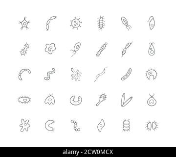 Microbes, virus, bacterias and pathogen line icons set. Collection of abstract vector germs Stock Vector
