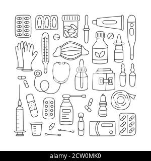 Set of hand drawn medications, drugs, pills and health care medical elements. Vector Stock Vector