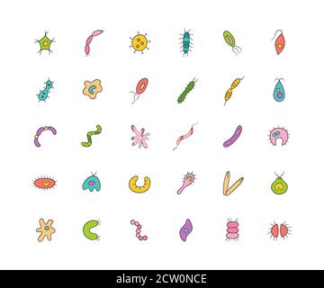 Microbes, virus, bacterias and pathogen icons colorful set. Collection of abstract vector germs Stock Vector