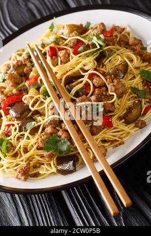 Chinese eggplant with minced pork served with egg noodles close-up in a plate on the table. vertical Stock Photo