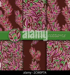 Vector set of seamless patterns with floral elements. Collection of patterns in burgundy and green colors. Stock Vector