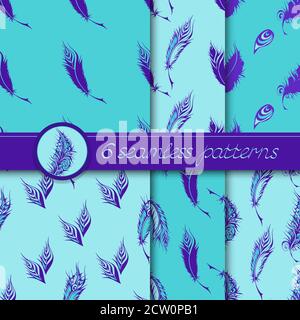 Vector set of six seamless patterns with stylized fantastical feathers. Collection of patterns in blue colors. Stock Vector
