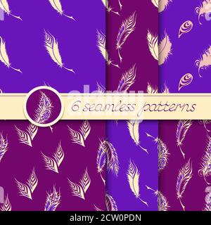 Vector set of six seamless patterns with stylized fantastical feathers. Collection of patterns in purple and light yellow colors. Stock Vector