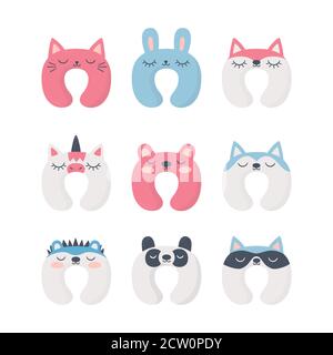 Set of sleep neck pillows with cute animals. Night accessory to healthy sleep, travel and recreation. Stock Vector