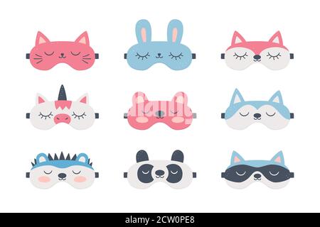 Set of sleep masks for eyes with cute animals. Night accessory to healthy sleep, travel and recreation Stock Vector
