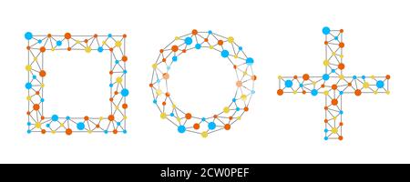 Neural network in shapes of circle, square, and plus. Neural network of nodes and connections. Stock Vector