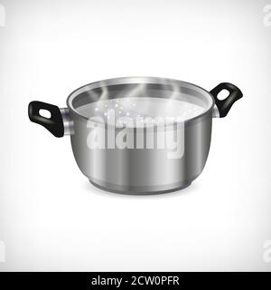 3d stainless pot, boiling liquid and transparent steam isolated on white background. Flat style metal pan with handles. Kitchen utensil icon. Element Stock Vector