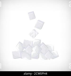 Ice cubes fall down. 3d irregular blocks of ice, salt, sugar falling on vignette background. Elements for web designs. Vector illustration. Stock Vector