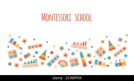 Children wooden toys for Montessori games. Education logic toys for preschool kids. Stock Vector