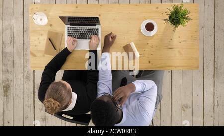 Teamwork process young business managers crew working with new s Stock Photo