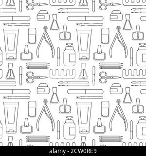Manicure tools and accessories. A set of elements on the topic of nail manicure. Seamless pattern. Vector Stock Vector