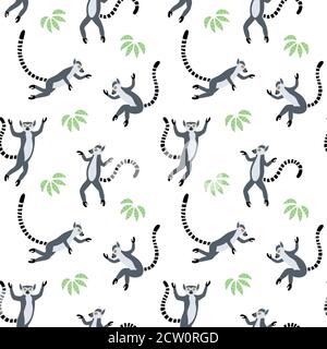 Exotic Madagascan lemurs in the tropics. Vector seamless pattern Stock Vector