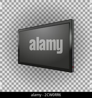 Realistic 3d Led TV, on off button. Wide screen on transparent background. Black monitor immage. Perspectiv view. Element for designs. Vector illustra Stock Vector