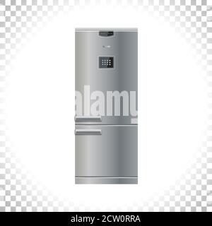 Modern Fridge Freezer refrigerator icon. Silver color. Front view. Metal and black plastic materials. Digital display and keypad panel. Stock Vector
