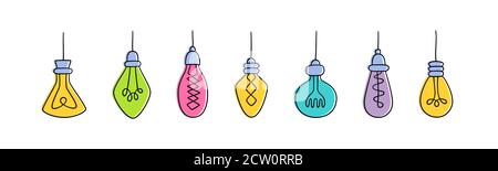 Hand drawn vector set of Light Bulbs. Collection of color loft lamps in doodle style. Stock Vector