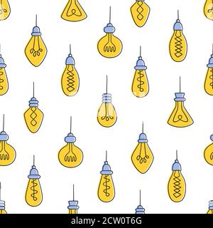 Hand drawn seamless pattern of Light Bulbs. Color Loft lamps in doodle style. Stock Vector