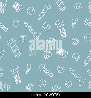Seamless pattern of fasteners. Bolts, screws and nuts in doodle style. Hand drawn building material. Stock Vector