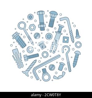 Set of fasteners. Bolts, screws, nuts, dowels and rivets in doodle style. Hand drawn building material. Stock Vector
