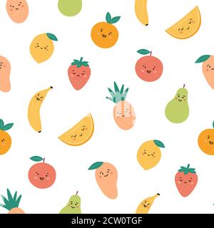 Seamless pattern with funny fruits. Kawaii smiling fruit characters. Stock Vector