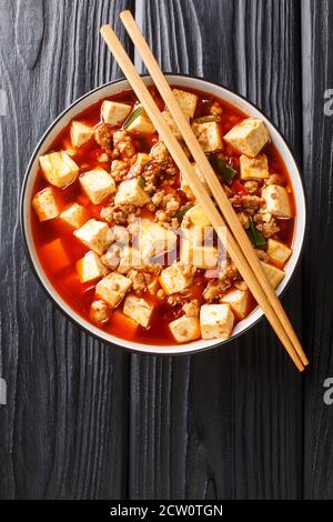 Mapo Tofu classic recipe consists of silken tofu, ground pork, fermented beans, fermented black beans, and Sichuan peppercorn closeup in the plate on Stock Photo