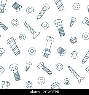 Seamless pattern of fasteners. Bolts, screws and nuts in doodle style. Hand drawn building material. Stock Vector