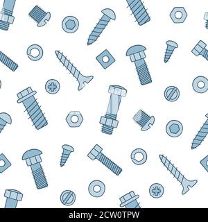 Seamless pattern of fasteners. Bolts, screws and nuts in doodle style. Hand drawn building material. Stock Vector