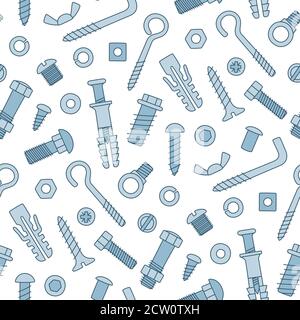 Seamless pattern of fasteners. Bolts, screws, nuts, dowels and rivets in doodle style. Hand drawn building material. Stock Vector