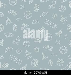 Doodle seamless pattern with cars, road signs, markings and traffic lights. Stock Vector