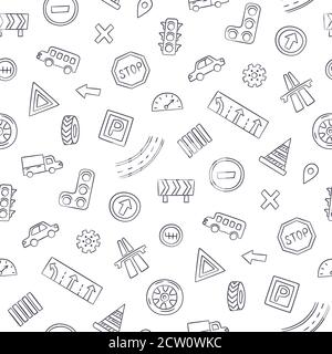 Doodle seamless pattern with cars, road signs, markings and traffic lights. Stock Vector