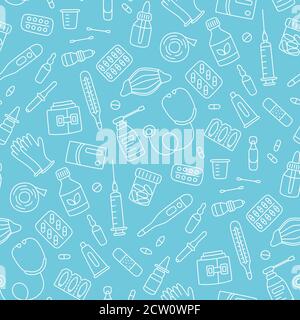 Seamless doodle pattern with medications, drugs, pills, bottles and health care medical elements. Stock Vector