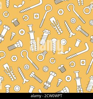 Seamless pattern of fasteners. Bolts, screws, nuts, dowels and rivets in doodle style. Hand drawn building material. Stock Vector