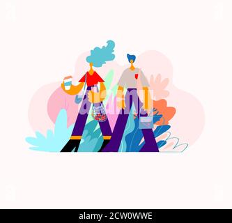 Young man and woman are walking together. The couple is walking, drinking coffee and talking. Stylishly dressed people on the street Stock Vector