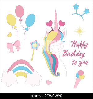 set of design elements unicorn magic, happy birthday. Postcard Stock Vector
