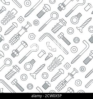 Seamless pattern of fasteners. Bolts, screws, nuts, dowels and rivets in doodle style. Hand drawn building material. Stock Vector