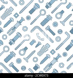 Seamless pattern of fasteners. Bolts, screws, nuts, dowels and rivets in doodle style. Hand drawn building material. Stock Vector