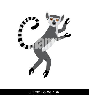 Cute funny ring-tailed lemur jumps. Exotic Lemur catta. Vector illustration in cartoon and flat style Stock Vector