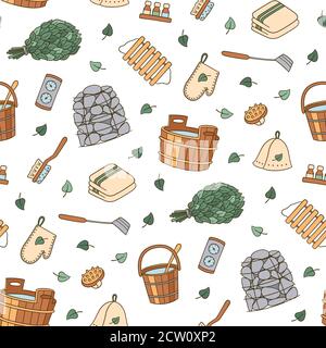 Sauna and Bathhouse accessories. Hand drawn seamless pattern. Stock Vector