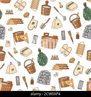 Sauna and Bathhouse accessories. Hand drawn seamless pattern. Stock Vector