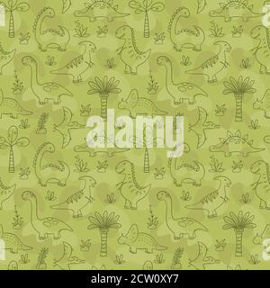 Cute Dinosaurs. Dino seamless pattern in doodle style on military background. Vector illustration Stock Vector