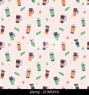 Reusable cups, thermo mug and tumblers with cover for hot coffee and tea. Hand drawn seamless pattern. Vector illustration Stock Vector