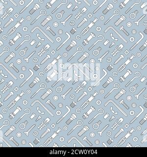Seamless pattern of fasteners. Bolts, screws, nuts, dowels and rivets in doodle style. Hand drawn building material. Stock Vector