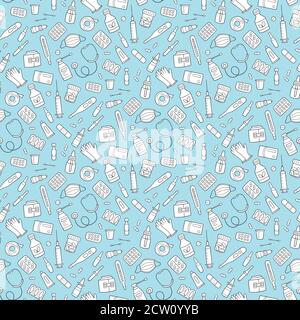 Seamless doodle pattern with medications, drugs, pills, bottles and health care medical elements. Stock Vector