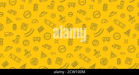 Doodle seamless pattern with cars, road signs, markings and traffic lights. Stock Vector