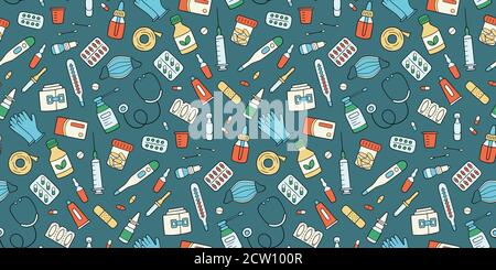 Meds, drugs, pills, bottles and health care medical elements. Color seamless pattern Stock Vector