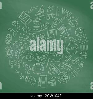 Set of cars, road objects, traffic signs and automobile symbols. Vector illustration in doodle style. School chalkboard Stock Vector
