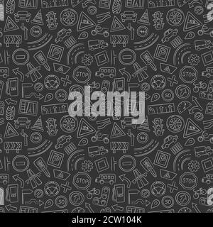 Cars, road objects, traffic signs and automobile symbols. Seamless pattern in doodle style. Vector illustration Stock Vector