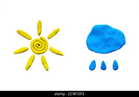 Plasticine yellow sun and blue cloud withdrops isolated on white background Stock Photo