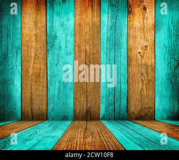 Old wooden room interior, green empty background with space for your text or design Stock Photo